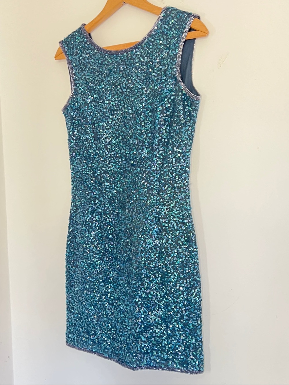 Sequined Sheath Dress beaded trim minimalist sheath aqua blue teal green shimmer